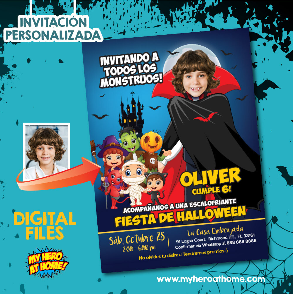 Invitacion de Halloween personalizada, Invita digital de Dracula, Invitacion de Monstruos Halloween, Invitacion Fiesta Halloween. 314SP