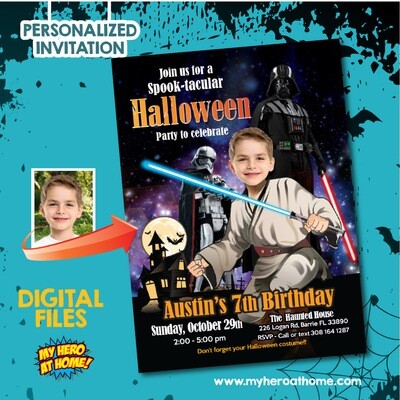 Personalized Star Wars Halloween Invitation. Star Wars Halloween template with photo. Halloween Star Wars birthday. Halloween Jedi Party. 032NB