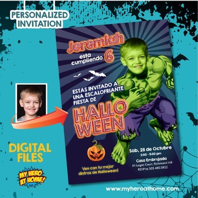 Hulk Halloween Invitation, Hulk Halloween template, Halloween Hulk digital invitation, Hulk Invitation with photo. 765