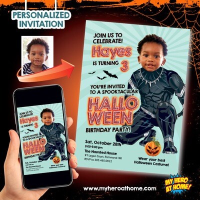 Black Panther Halloween Invitation, Black Panther Halloween template, Wakanda Halloween Invitation, Black Panther Invitation with photo. 764