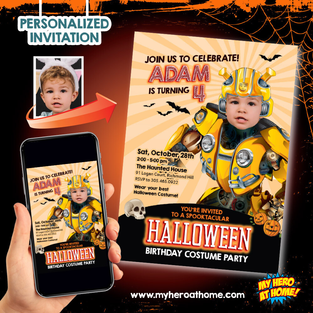 Bumblebee Halloween Invitation, Bumblebee Halloween template, Transformers Halloween Invitation, Bumblebee Invitation with photo. 767