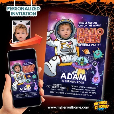 Outer Space Halloween Invitation, Halloween Astronaut digital, Outer Space Halloween theme party, Astronaut template with photo. 769
