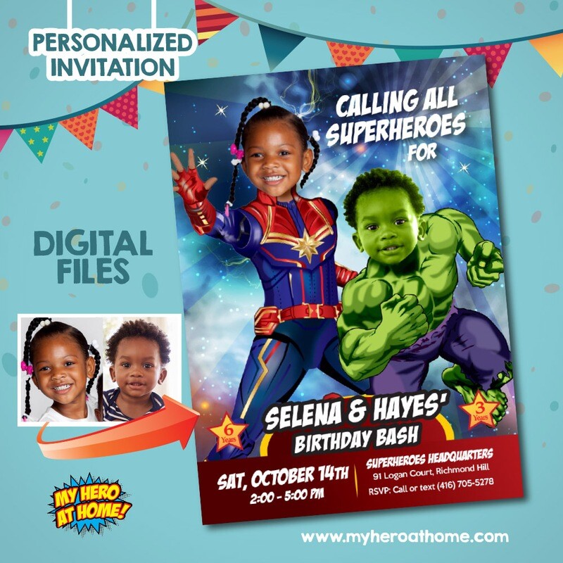 Hulk and Captain Marvel Birthday Invitation. Hulk and Captain Marvel Siblings Party. Joint Capt Marvel and Hulk Party Invitation. 772