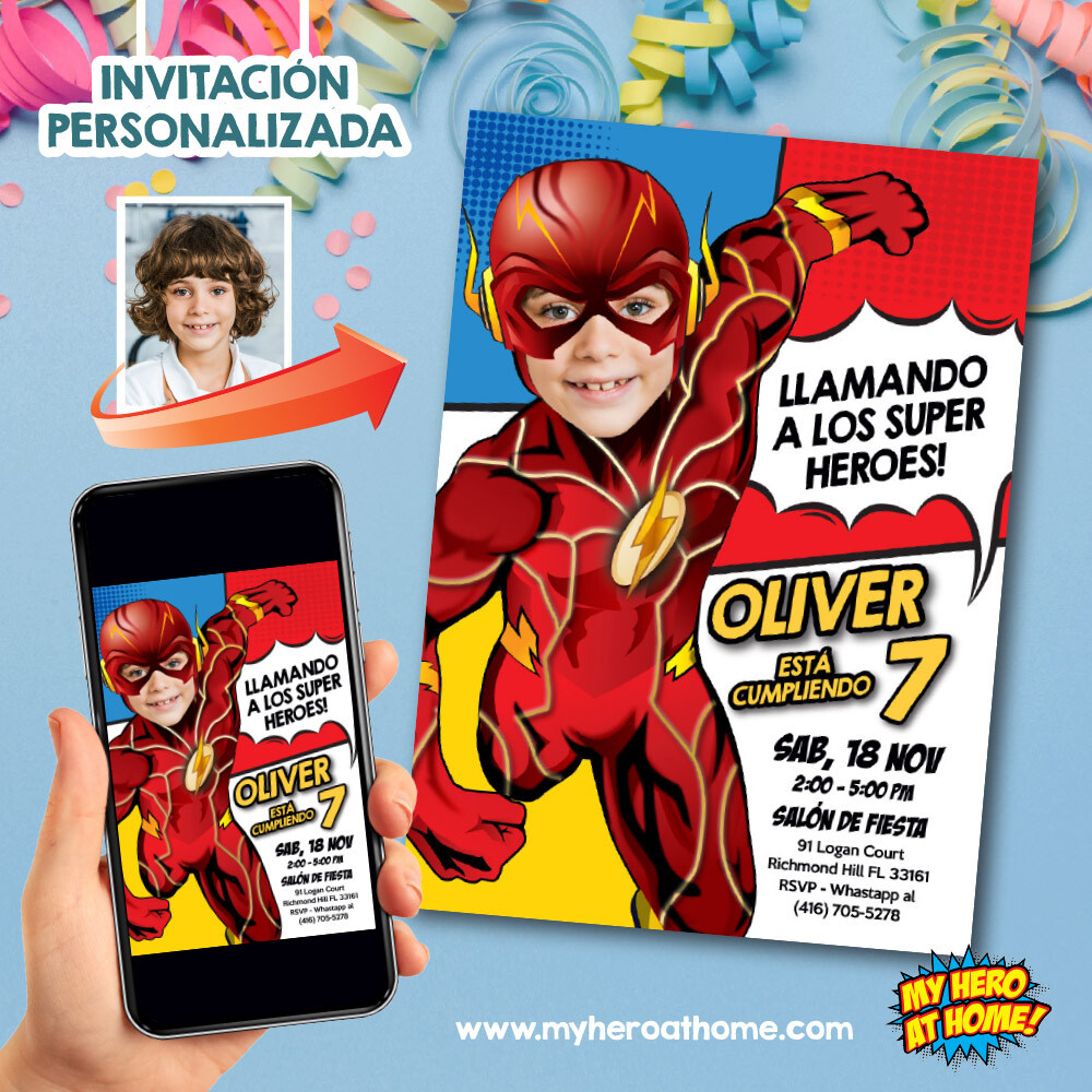 Invitación de Flash personalizada, Invita digital de Flash, Invitación Flash con foto, Fiesta tema de Flash, Flash Spanish. 693SP