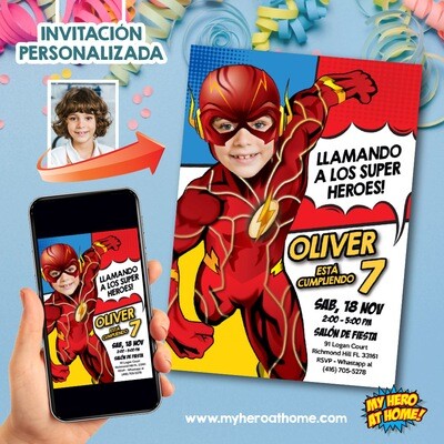 Invitación de Flash personalizada, Invita digital de Flash, Invitación Flash con foto, Fiesta tema de Flash, Flash Spanish. 693SP