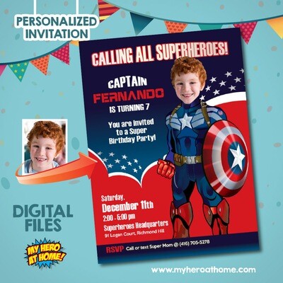 Captain America Invitation, Captain America template, Captain America invite with photo, Personalized Captain America Invitation. 074