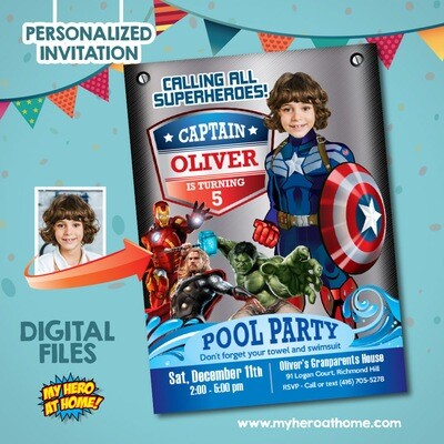 Captain America Pool Party Invitation, Capt America Pool Party template, Capt America Digital, Captain America Pool party themed. 078