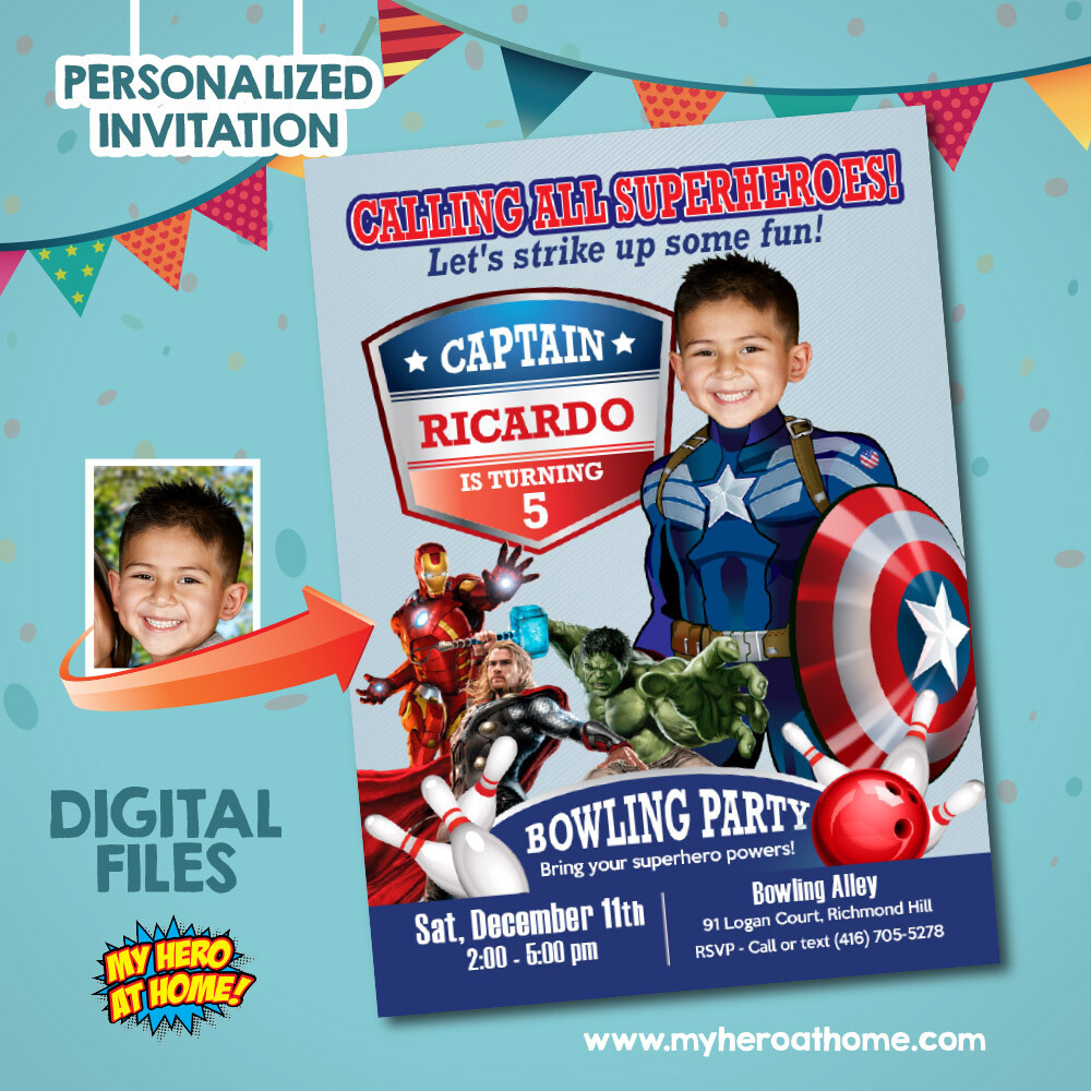 Captain America Bowling Party Invitation, Capt America Bowling Party template, Bowling party themed Capt America, Captain America Bowling party themed. 775