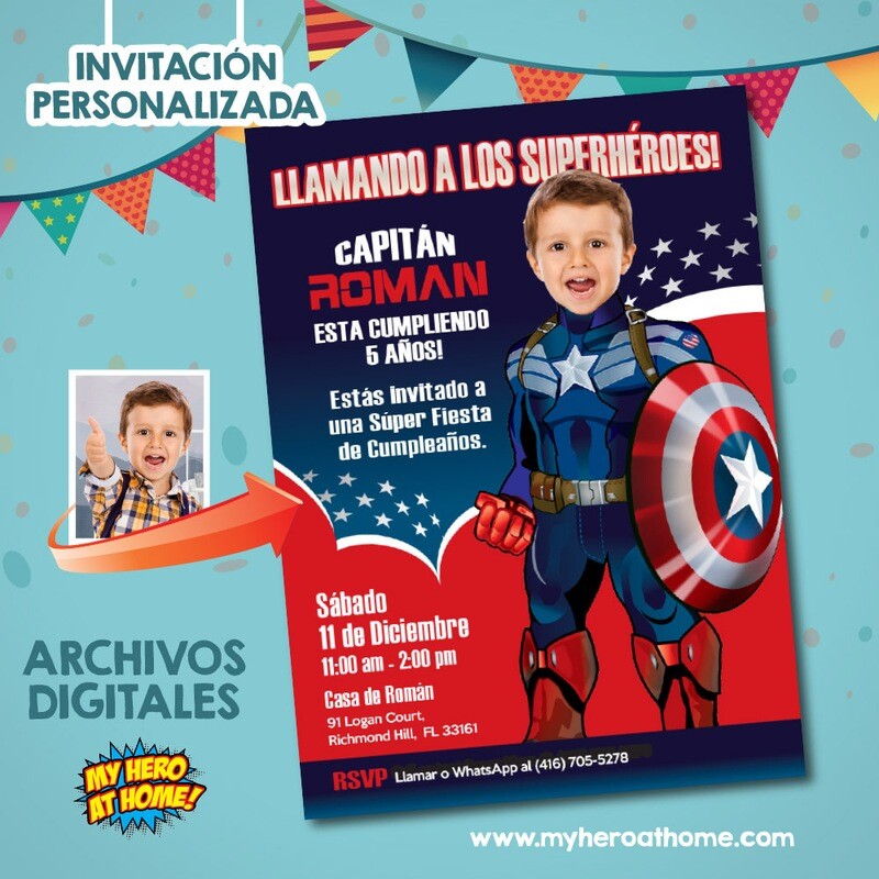 Invitacion de Capitan America personalizada, Invita digital de Capitan America, Invitacion Capitan America con foto, Capitan America Spanish. 776SP