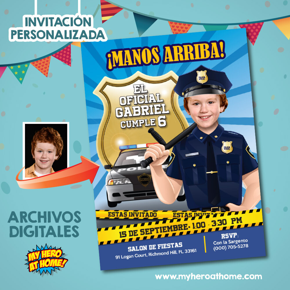 Invitacion de Policia, Template de Policia, Fiesta tema Policia, Cumpleanos tema Policias, Policia invitacion Spanish. 233SP