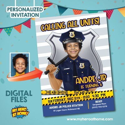 Police Birthday Invitation with photo, Police invitation template, Calling all units party invitation, Policeman Officer template. 778