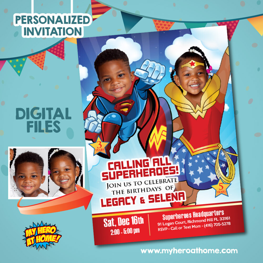 Superman and Wonder Woman Invitation, Joint Wonder Woman and Superman Party, Wonder Girl and Superman template. 134