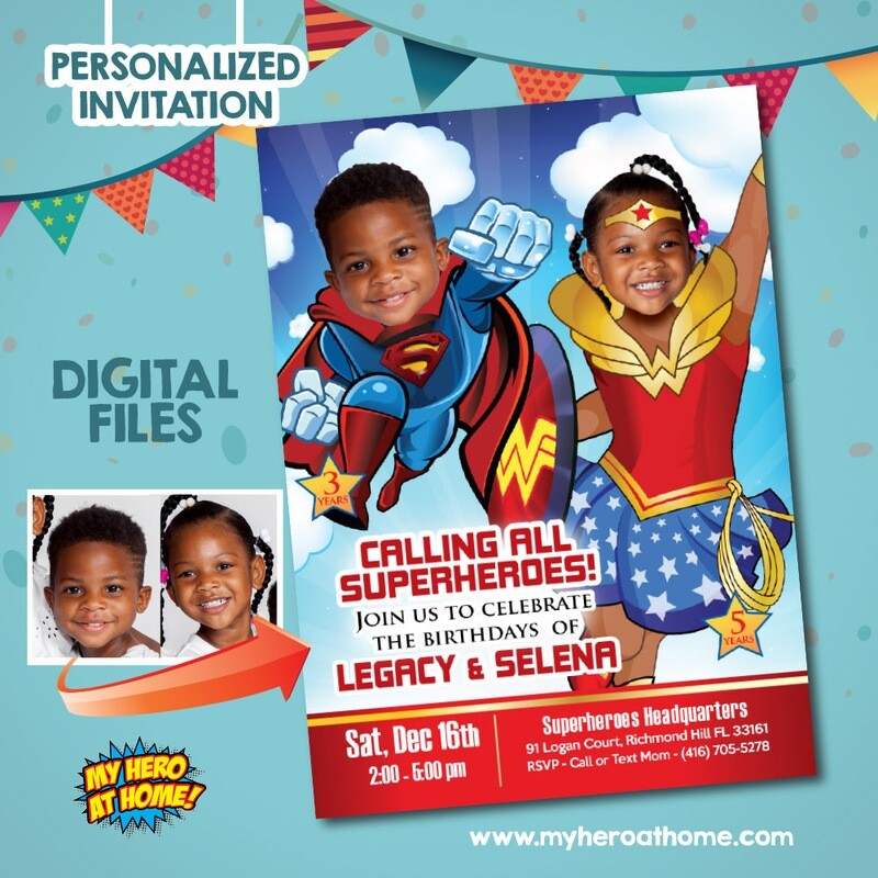 Superman and Wonder Woman Invitation, Joint Wonder Woman and Superman Party, Wonder Girl and Superman template. 134