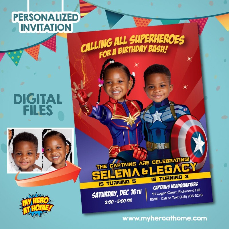 Captain America and Captain Marvel Invitation, Joint Captain Marvel and Captain America Party, Captain Marvel and Capt America template. 236