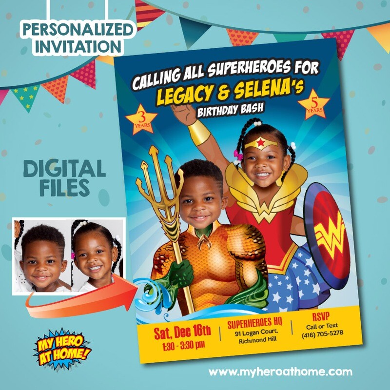 Aquaman and Wonder Woman Invitation, Joint Wonder Woman and Aquaman Party, Wonder Girl and Aquaman template. 780