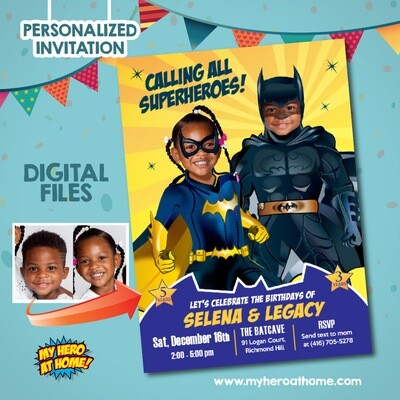 Batman and Batgirl Invitation with photos, Joint Batgirl and Batman Party, Batgirl and Batman template. 297