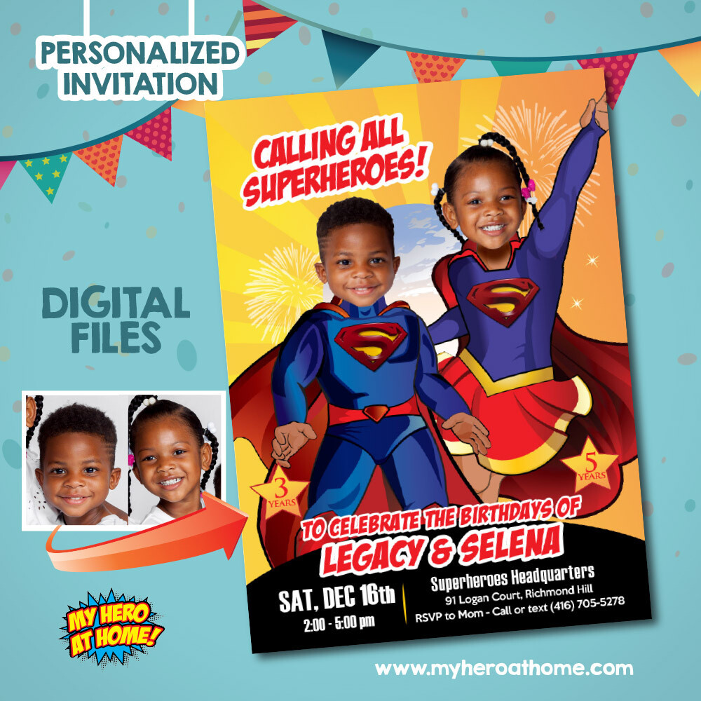 Superman and Super Girl Invitation, Joint Super Girl and Superman Party, Super Girl and Superman template. 781