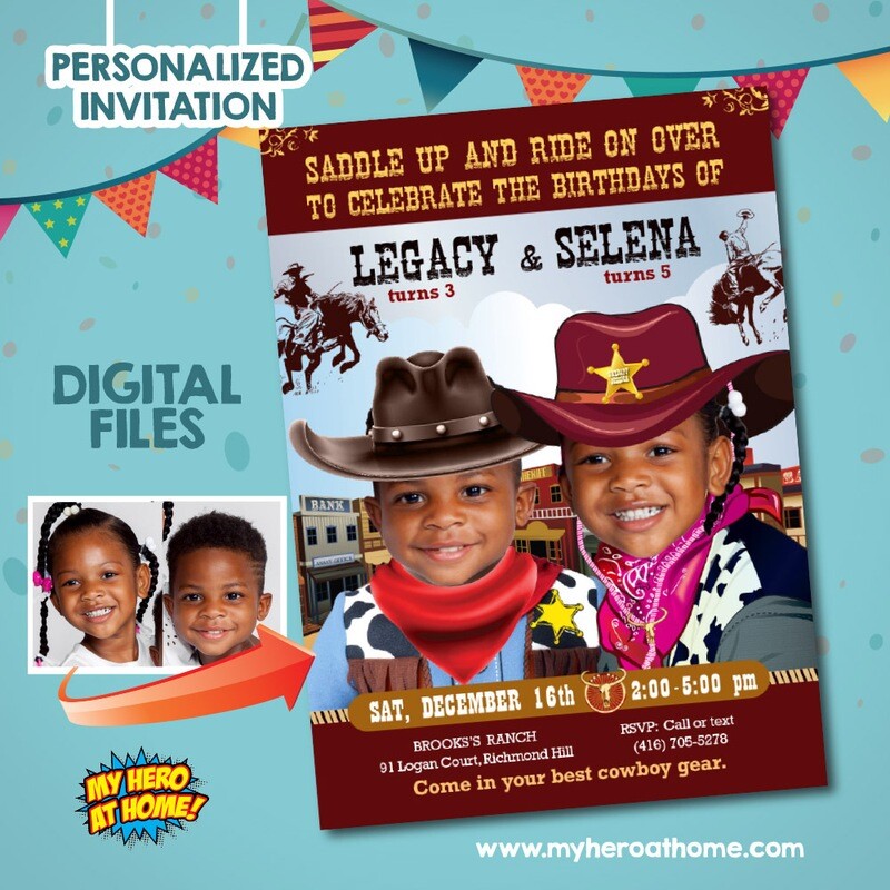 Joint Cowboys Party Invitation, Siblings Cowboys Invitation,  Joint cowboys birthday invitation, Joint Cowboys template invitation. 783