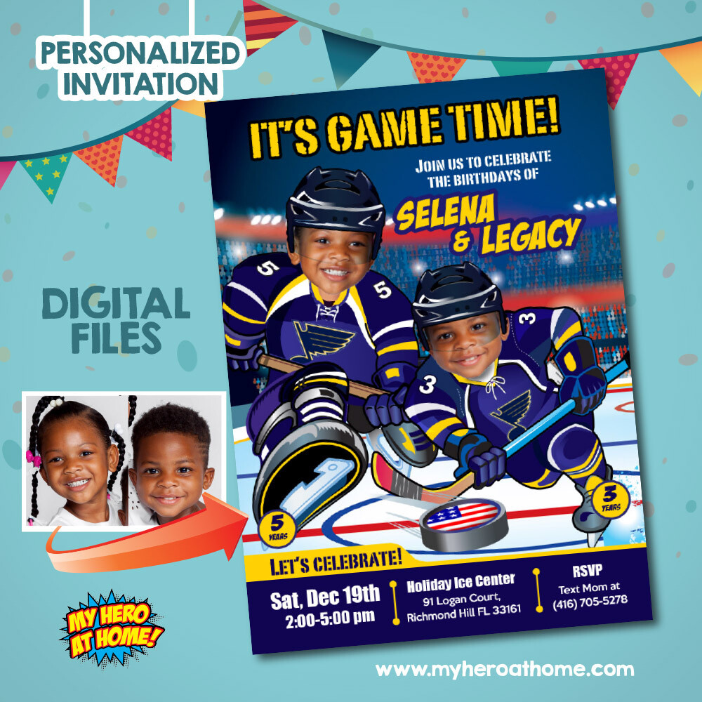 St Louis Blues Siblings party Invitation, Joint St Louis Blues birthday invitation, Joint Hockey Birthday Invitation. 310