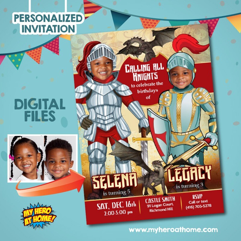 Knights Siblings birthday invitation, Joint Knights party Invitation template, Joint Dragons Birthday, Knights and Dragons theme Party. 221