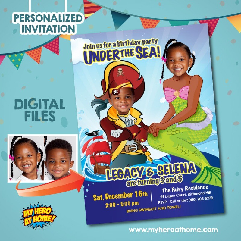 Joint Mermaid and Pirate Birthday Invitation, Joint Under the Sea Party Invitation, Pirates and Mermaids Invitation template. 232