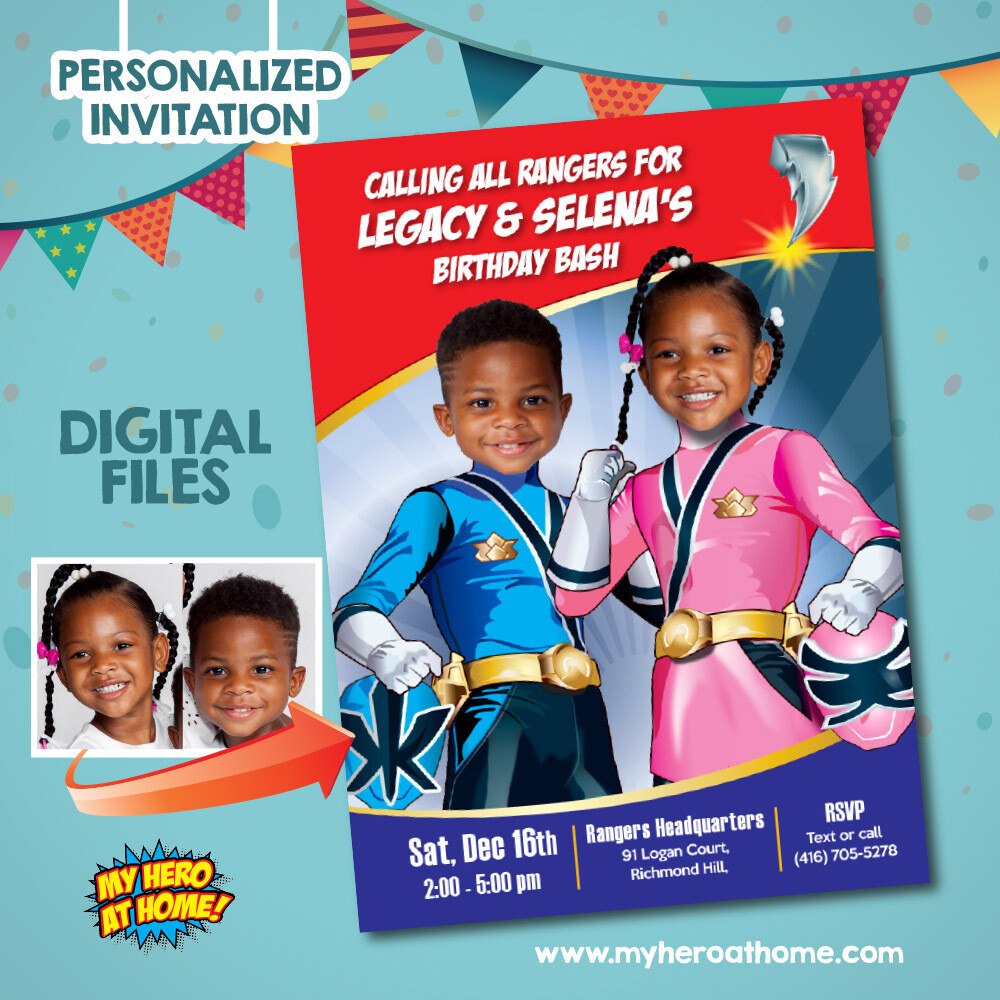 Power Rangers Siblings Birthday Invitation, Joint Power Rangers theme Party, Power Rangers girl and boy birthday invitation. 785