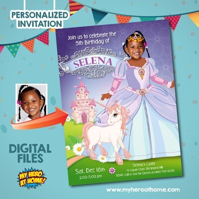 Princess Birthday Invitation with photo. Princess Party Invitation. Princess Photo Invitation. Unicorn Princess party template. 241