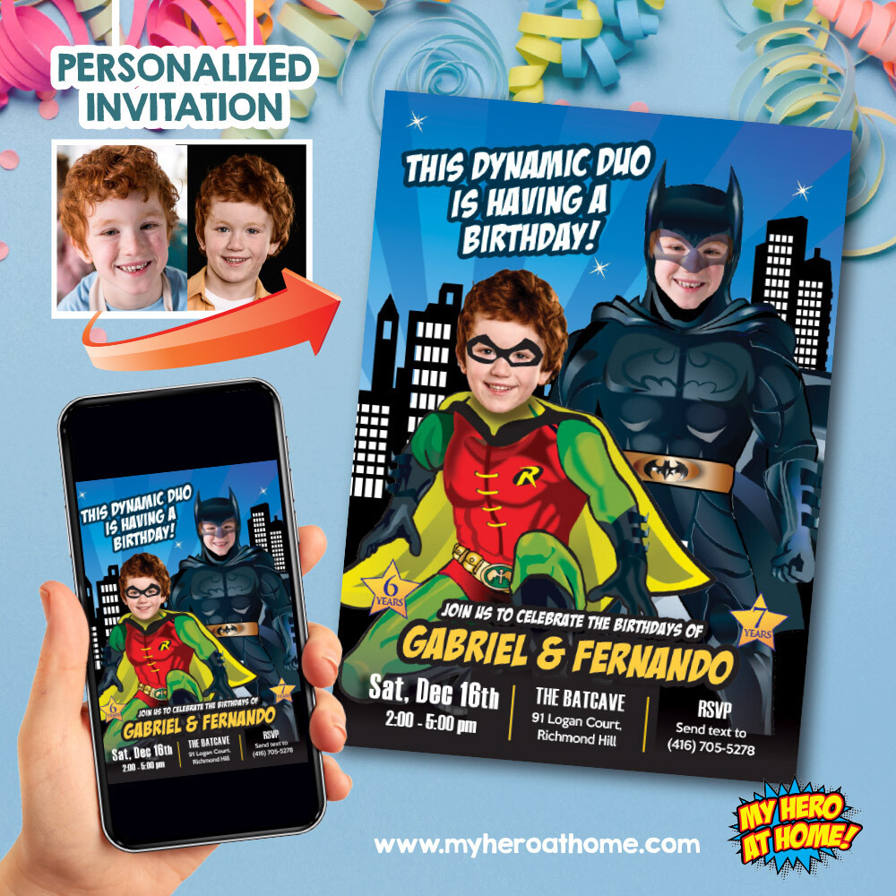 Batman and Robin party Invitation. Siblings Dynamic Duo Invitation. Batman and Robin template. Joint Batman and Robin Birthday. 296B