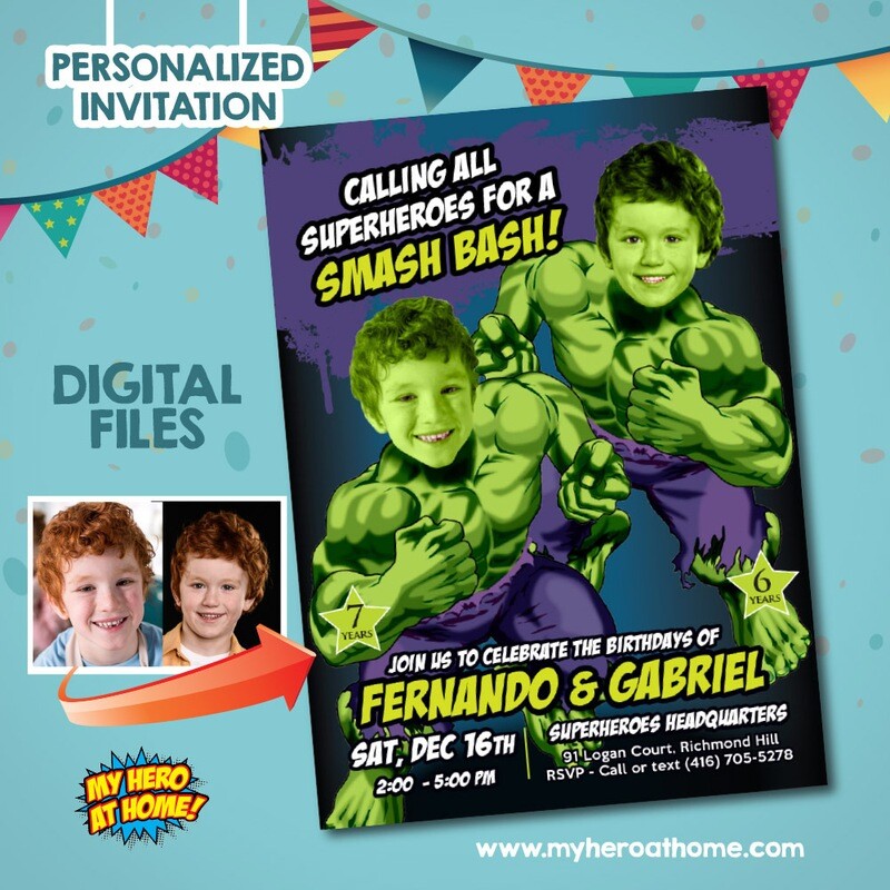 Hulk Siblings Birthday invitation, Joint Hulk Party invitation, Joint Smash Hulk invitation, Hulk siblings party. 418C