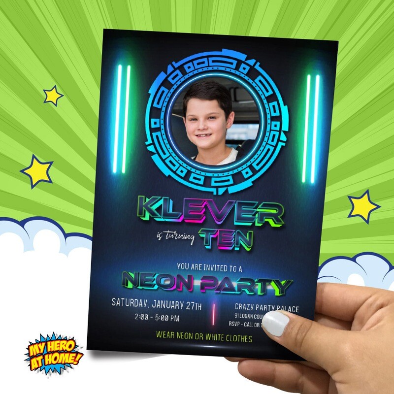 Neon Party Invitation with photo, Personalized Neon birthday Invitation, Neon Party Template, Fluorescent lights invitation. 793