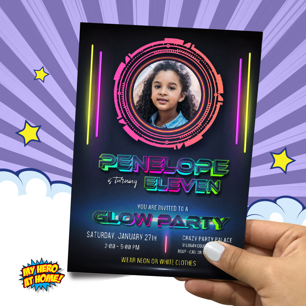 Girl Glow Party Invitation with photo, Personalized Girl Glow birthday Invitation, Neon Glow birthday Template, Fluorescent lights party. 794