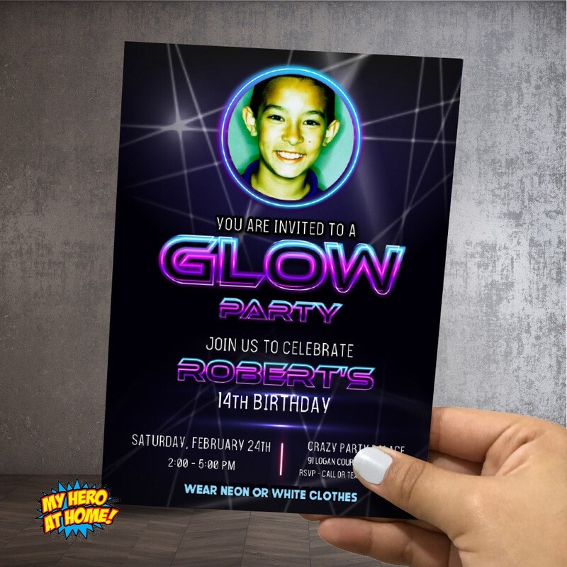 Glow birthday invitation with photo Glow party photo Invitation Glow birthday invitation with photo Glow party photo Invitation