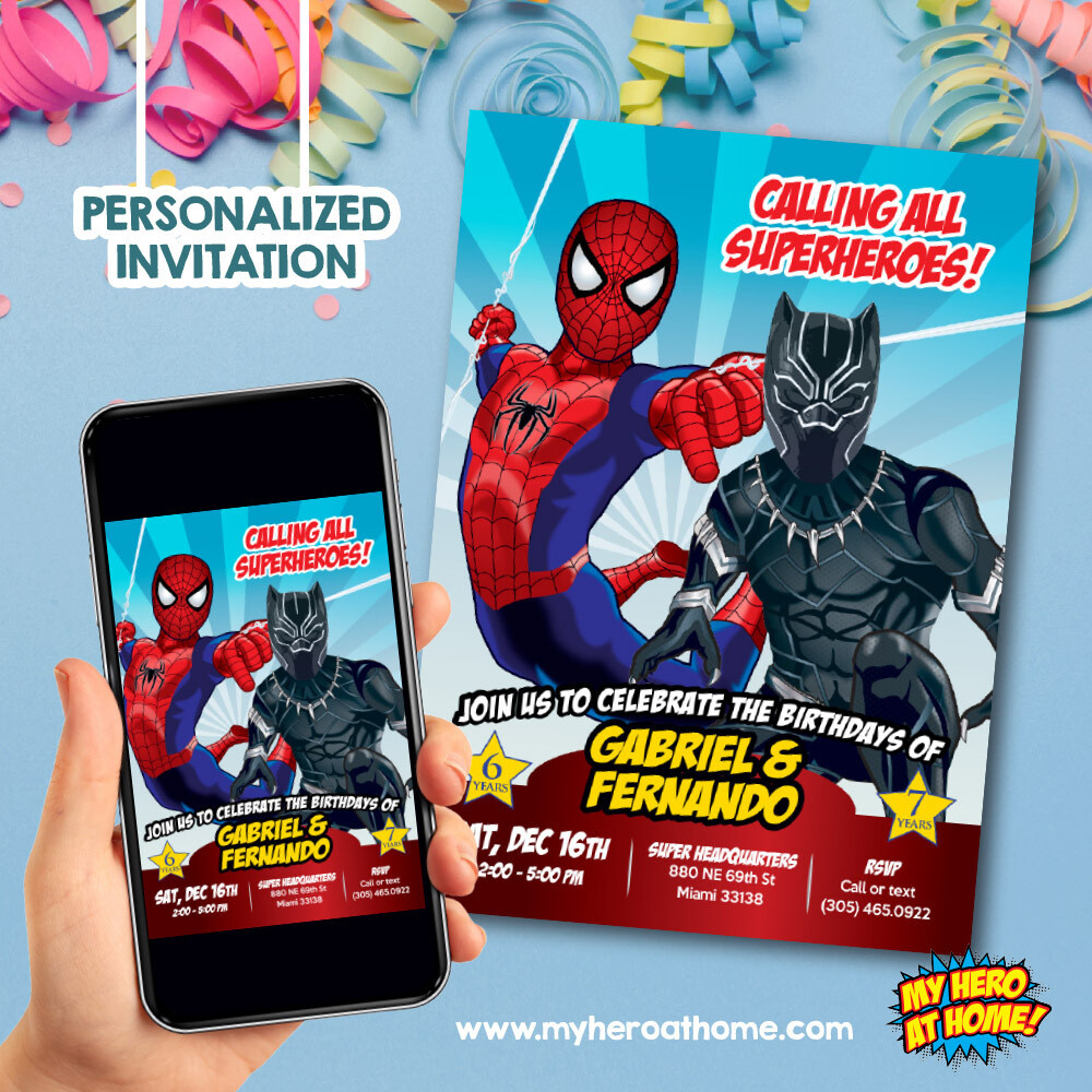 Joint Spider-Man and Black Panther Birthday party Invitation, Spider-Man and Black Panther Siblings Party Invitation, Joint Superheroes. 800