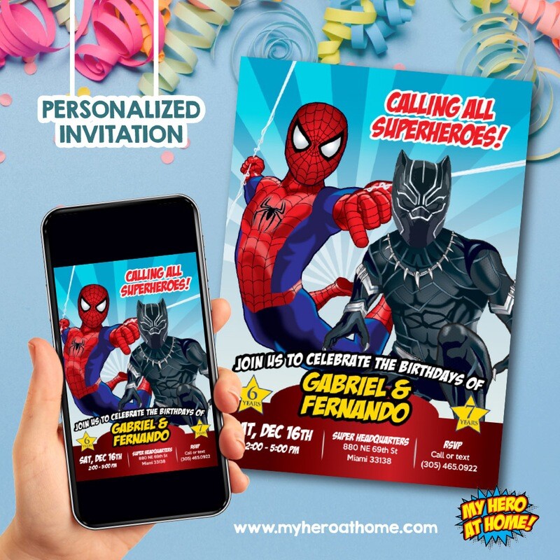 Joint Spider-Man and Black Panther Birthday party Invitation, Spider-Man and Black Panther Siblings Party Invitation, Joint Superheroes. 800