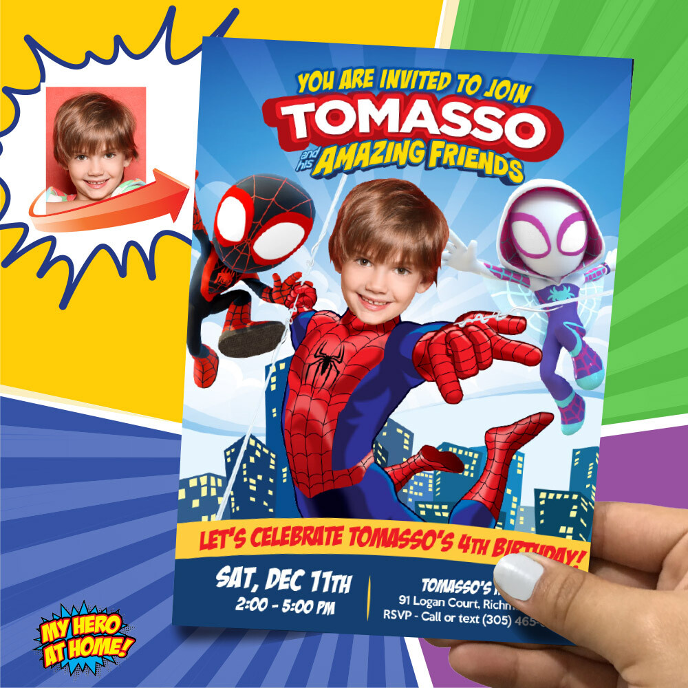 Spidey and his amazing friends birthday party Invitation with photo, Spidey Invitation, Amazing friends party Invitation template. 740C