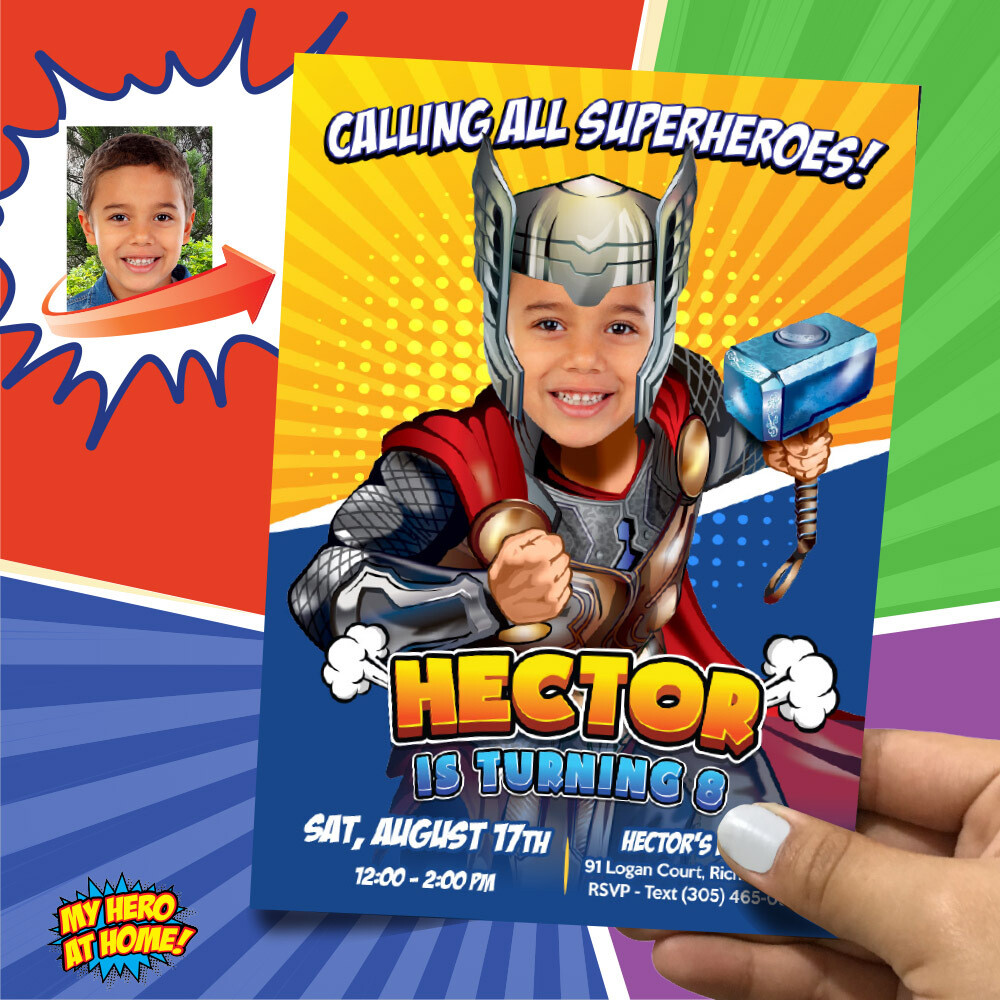 Thor Birthday party Invitation with photo, Thor party template, Thor Digital invitation, Thor Thank You, Thor Invitation template. 806C
