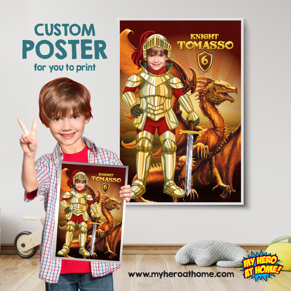 Knight poster, Medieval Knight poster, Custom Knight Poster with photo, Personalized Printable gift, Custom Knight and Dragon decor. 815