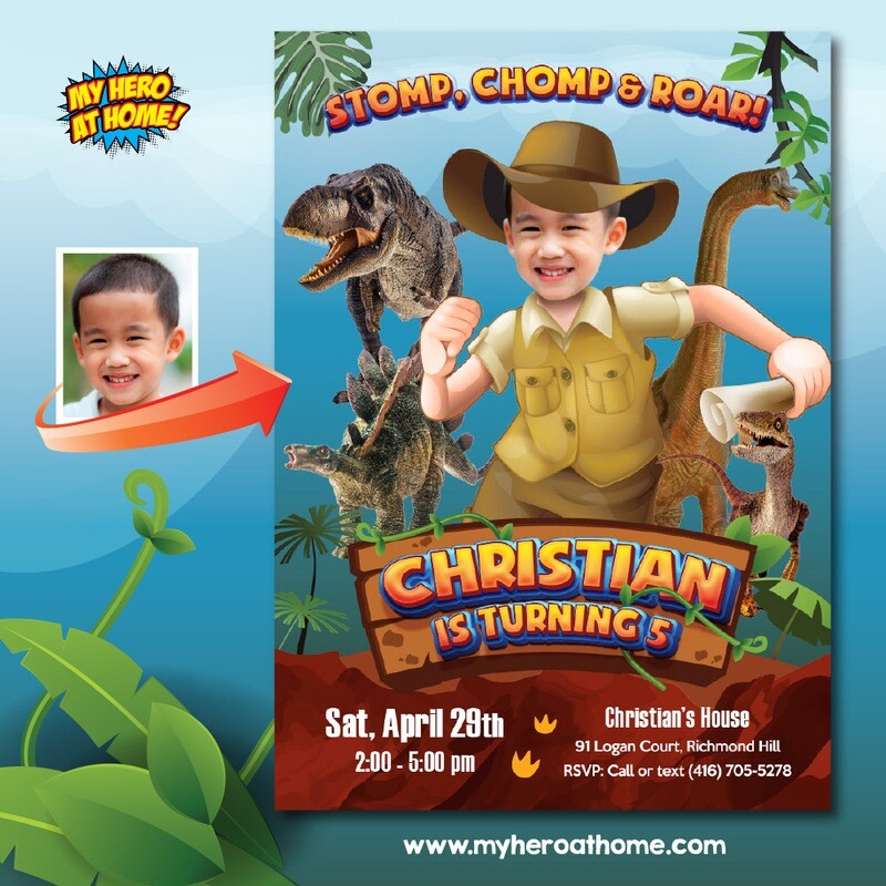 Dinosaur Birthday Invitation with photo, T Rex party invitation, Dinosaurs template invitation, Dinosaur thank you with photo. 817