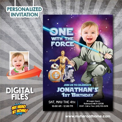 Baby Jedi 1st party Invitation, One with the Force birthday invitation, Custom Star Wars 1st invitation with photo, Baby Jedi 1st theme party. 820