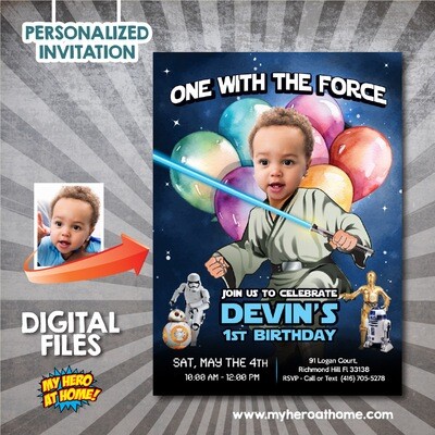 Jedi 1st birthday Invitation, One with the Force party invitation, Custom Star Wars first template with photo, Baby Jedi 1st birthday party. 821