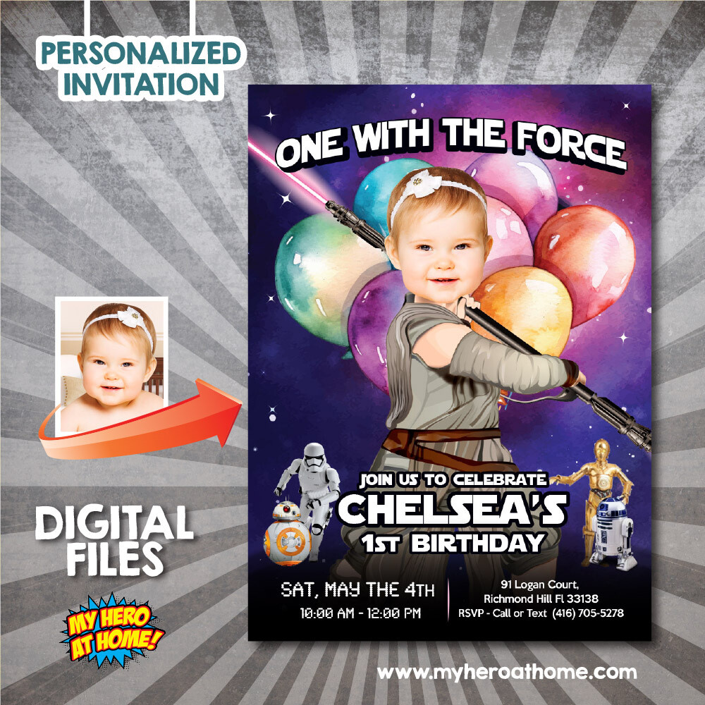 Baby Jedi Rey 1st party Invitation, One with the Force party, Custom Girl Star Wars 1st invitation, Baby Jedi Rey 1st birthday template. 822