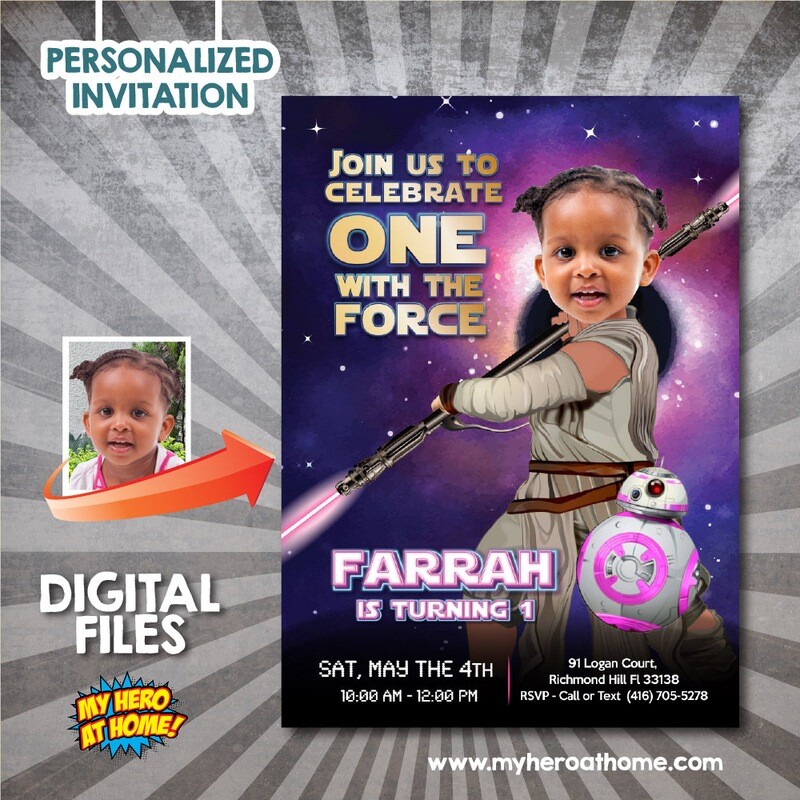 Jedi Rey 1st birthday Invitation, Girl Star Wars first template Invitation with photo, Baby Jedi Rey 1st birthday party invitation. 823