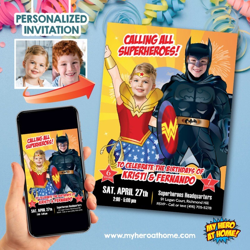 Batman and Wonder Woman Invitation, Joint Wonder Woman and Batman Party, Wonder Girl and Batman template. 824