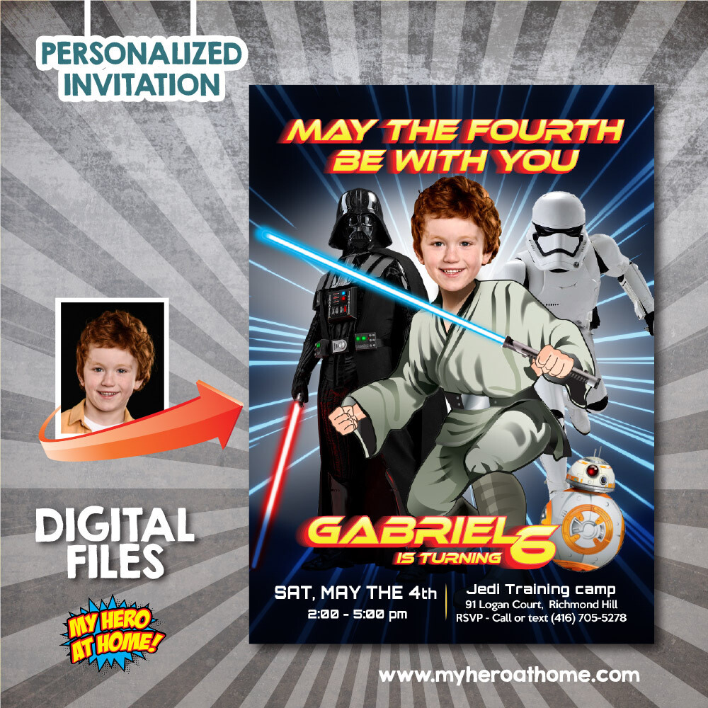 May the Fourth Party invitation with photo, Jedi birthday Invitation with photo, Star Wars May the fourth themed birthday template. 828