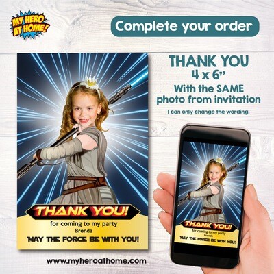 May the Fourth Party invitation with Jedi Rey, Jedi Rey birthday Invitation with photo, Jedi Rey May the fourth themed birthday template. 829