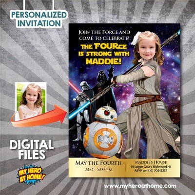 May the Fource Party invitation with Jedi Rey, Jedi Rey birthday Invitation with photo, Jedi Rey Fource themed birthday template. 830