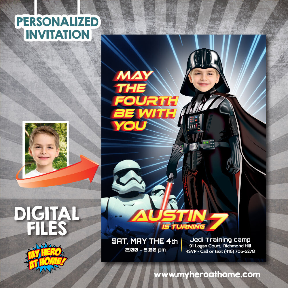 Dark Side May the Fourth Party invitation with photo, Darth Vader birthday Invitation with photo, Star Wars May the fourth Darth Vader template. 831