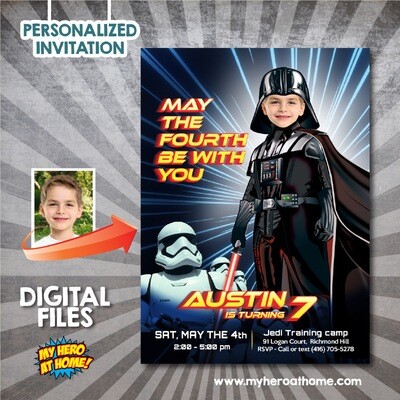 Dark Side May the Fourth Party invitation with photo, Darth Vader birthday Invitation with photo, Star Wars May the fourth Darth Vader template. 831