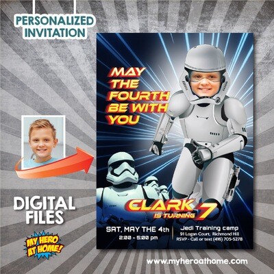Storm trooper May the Fourth Party invitation with photo, Storm trooper birthday Invitation with photo, May the 4th Storm trooper template. 832