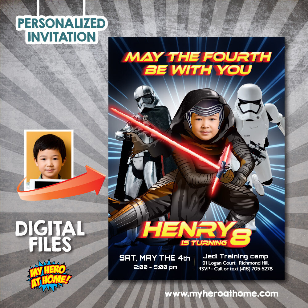 Kylo Ren May the Fourth Party invitation with photo, Kylo Ren birthday Invitation with photo, May the 4th Kylo Ren template. 833
